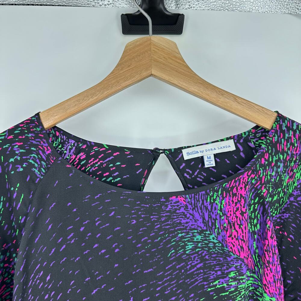 Scilla Womens 100% silk Long Sleeve Top Sz M Blouse Black Artsy Firework Fairy - Picture 6 of 11